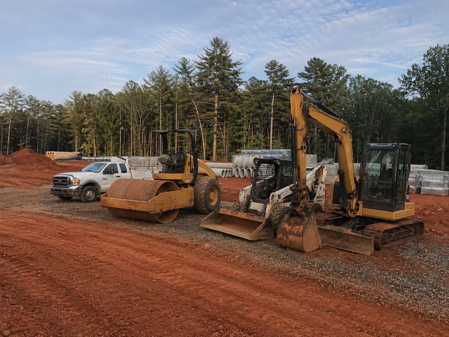 Excavator, roller, skid steer, and service truck staged on a red clay Georgia jobsite.